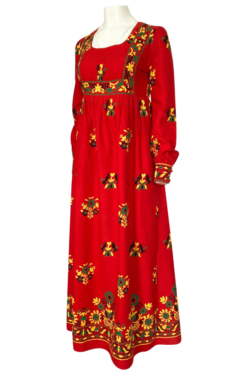 1960s Dollyrockers Bright Floral Printed Red Cotton Caftan Dress