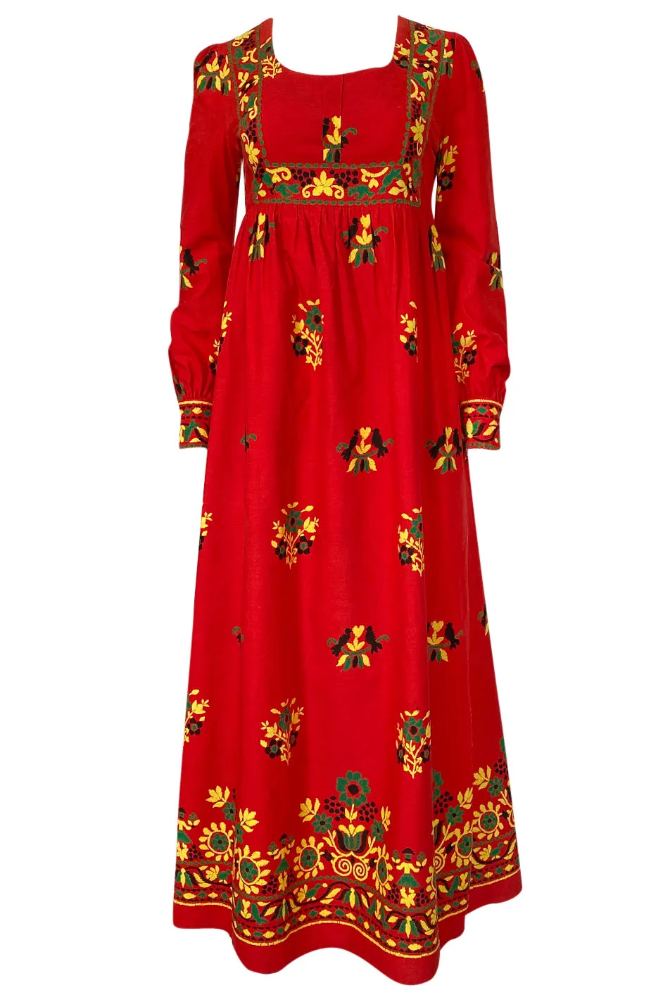 1960s Dollyrockers Bright Floral Printed Red Cotton Caftan Dress