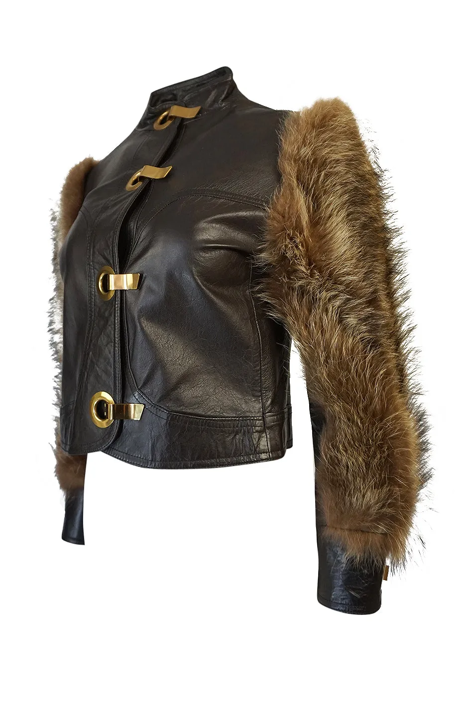 1960s Fur Sleeve Leather Bomber Jacket w Brass Hook Closures