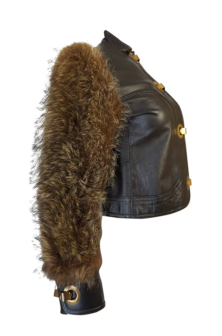 1960s Fur Sleeve Leather Bomber Jacket w Brass Hook Closures