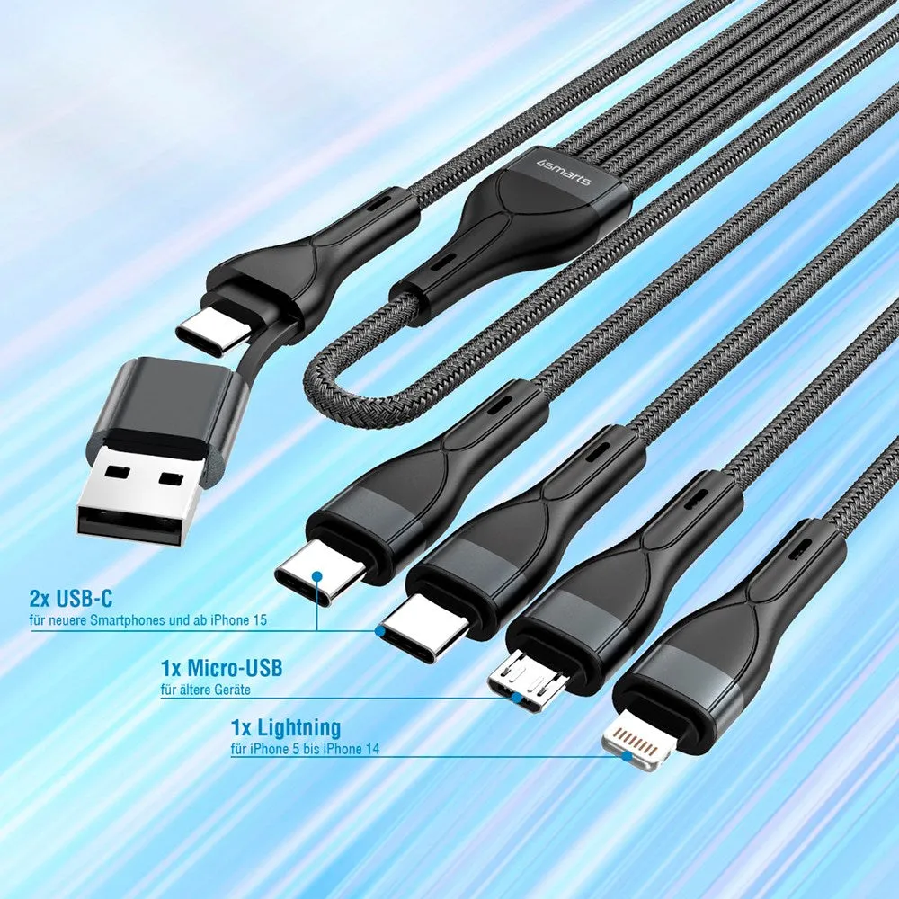 4smarts 4in2 15W Multi-Charging Kabel - 2 x USB-C / Lightning / Micro USB 120cm - Sort