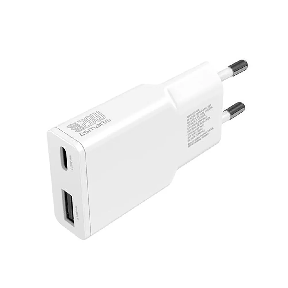 4Smarts PD Slim 20W Vægoplader GaN m. 1 x USB-C & 1 x USB-A - Hvid