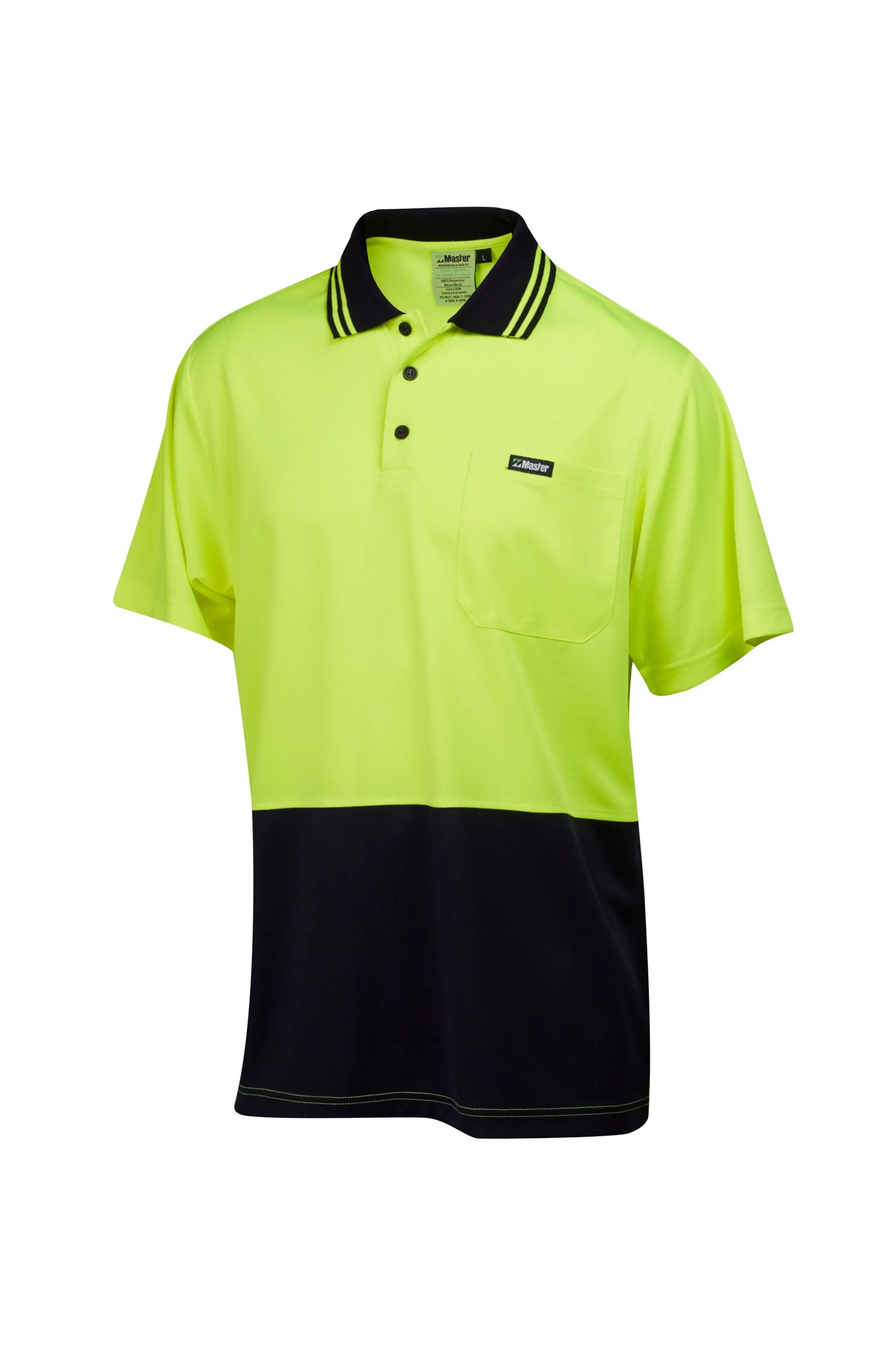 7WP060 POLO S/SLEEVE MASTER HI VIS 2 TONE 185GSM POLYESTER/COTTON BACK