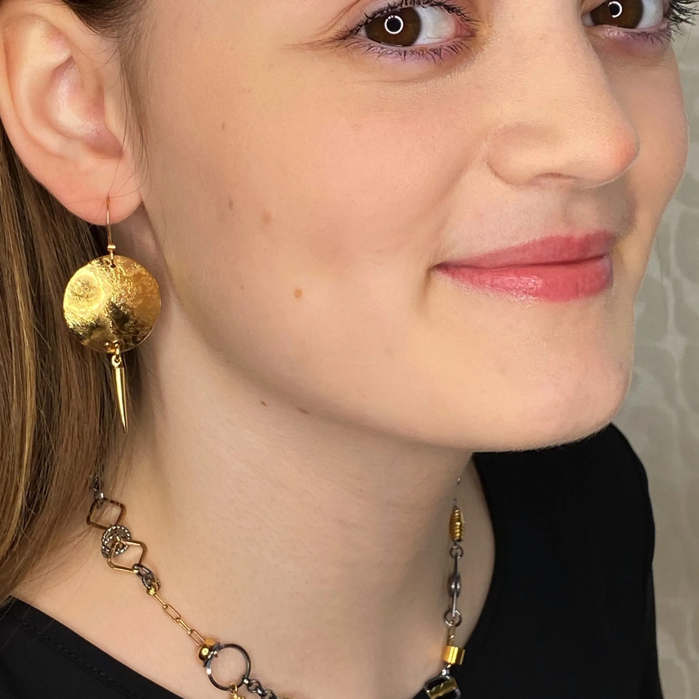 Acid Etched Disk Gold Earrings with Spike