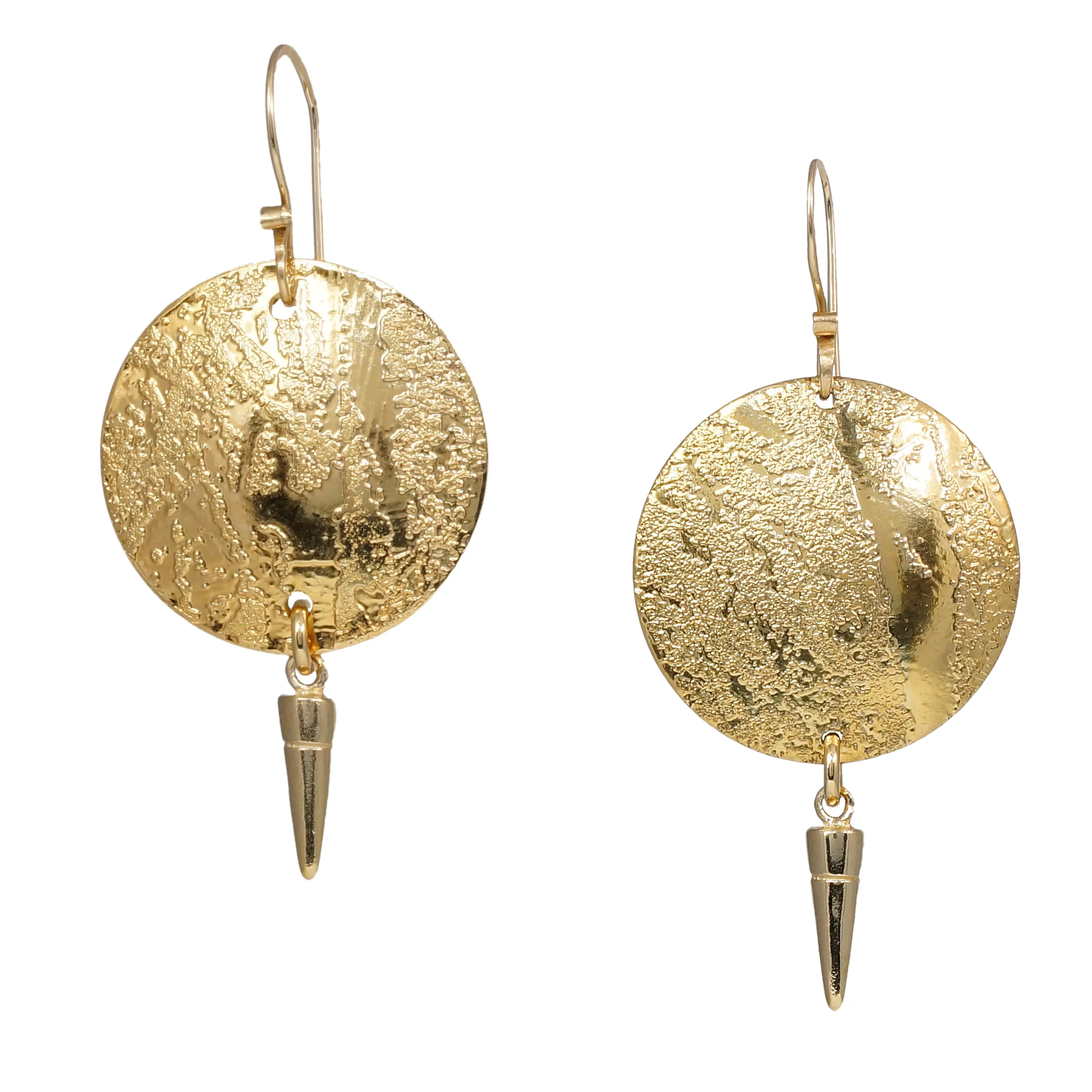 Acid Etched Disk Gold Earrings with Spike