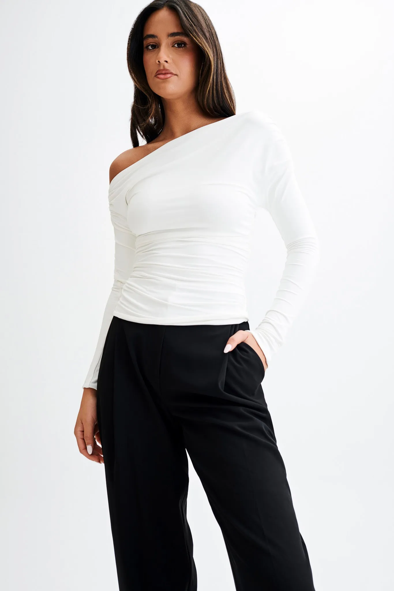 Alayna Long Sleeve Recycled Nylon Ruched Top - White