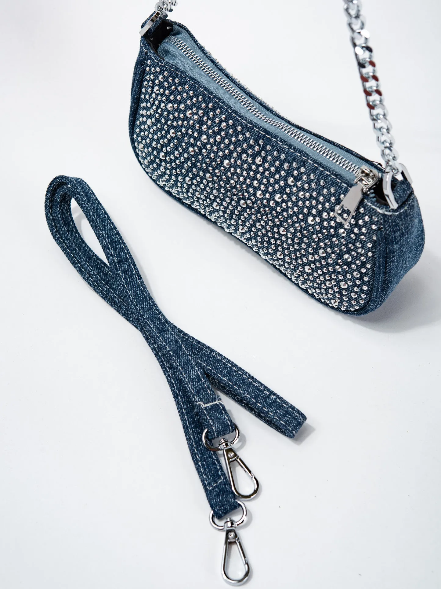 Allegra Denim Stone Studded Shoulder Bag