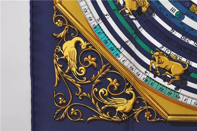 Auth HERMES Petit Carre 40 Scarf Handkerchief "DIES ET HORE" Silk Navy 1078E