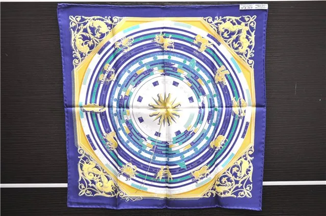 Auth HERMES Petit Carre 40 Scarf Handkerchief "DIES ET HORE" Silk Navy 1078E