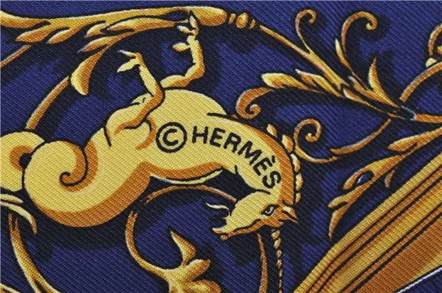 Auth HERMES Petit Carre 40 Scarf Handkerchief "DIES ET HORE" Silk Navy 1078E