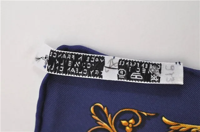 Auth HERMES Petit Carre 40 Scarf Handkerchief "DIES ET HORE" Silk Navy 1078E