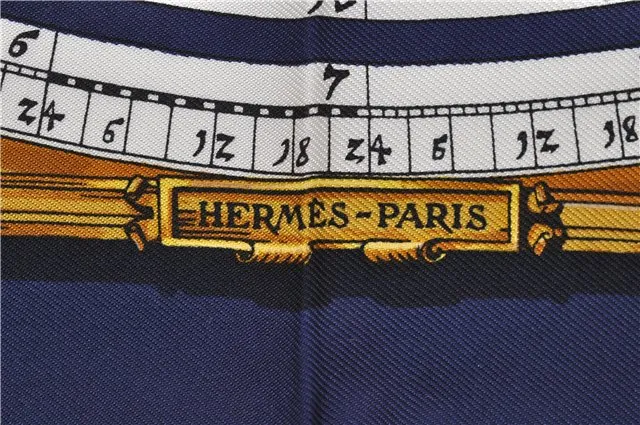 Auth HERMES Petit Carre 40 Scarf Handkerchief "DIES ET HORE" Silk Navy 1078E