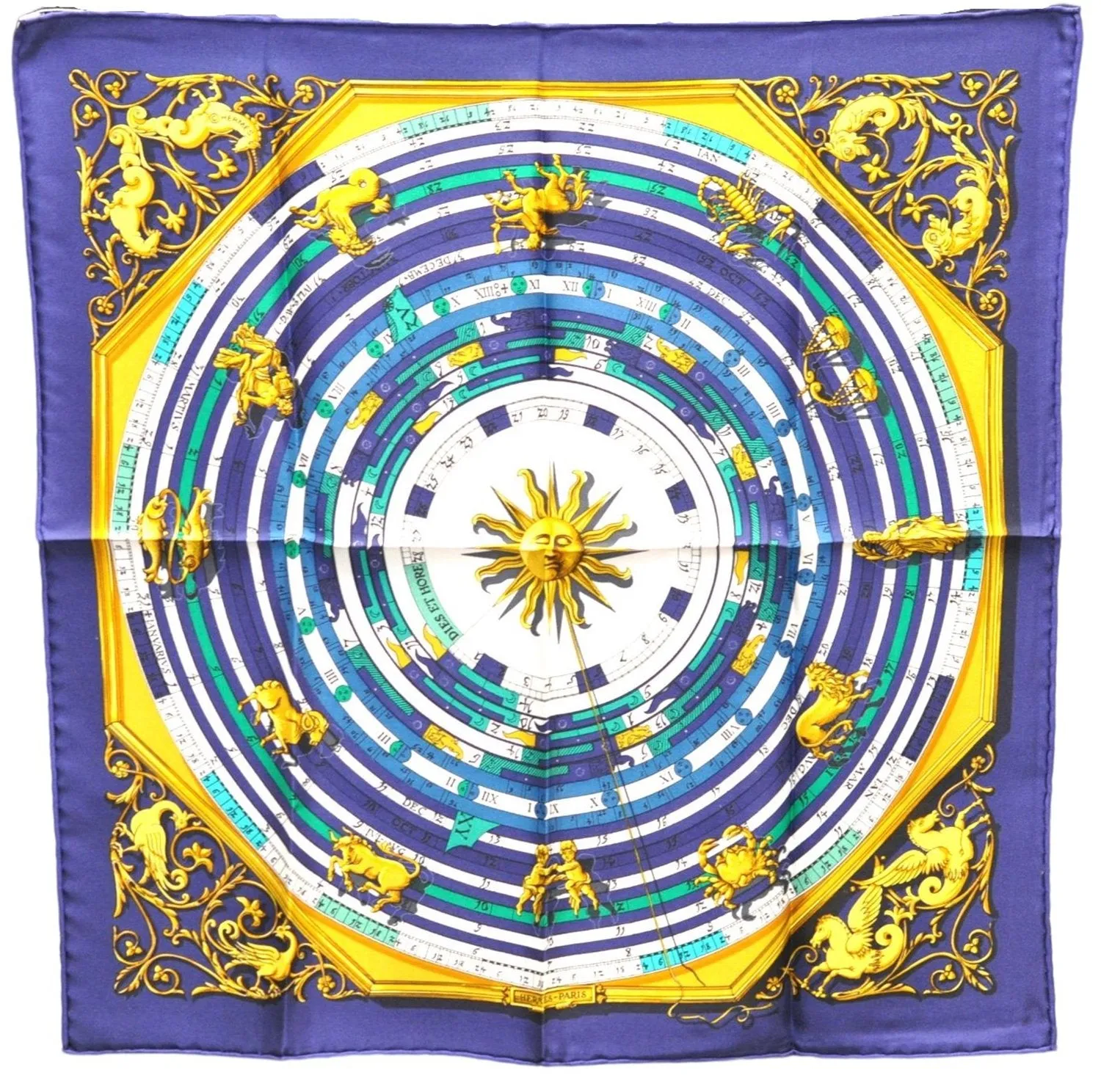 Auth HERMES Petit Carre 40 Scarf Handkerchief "DIES ET HORE" Silk Navy 1078E