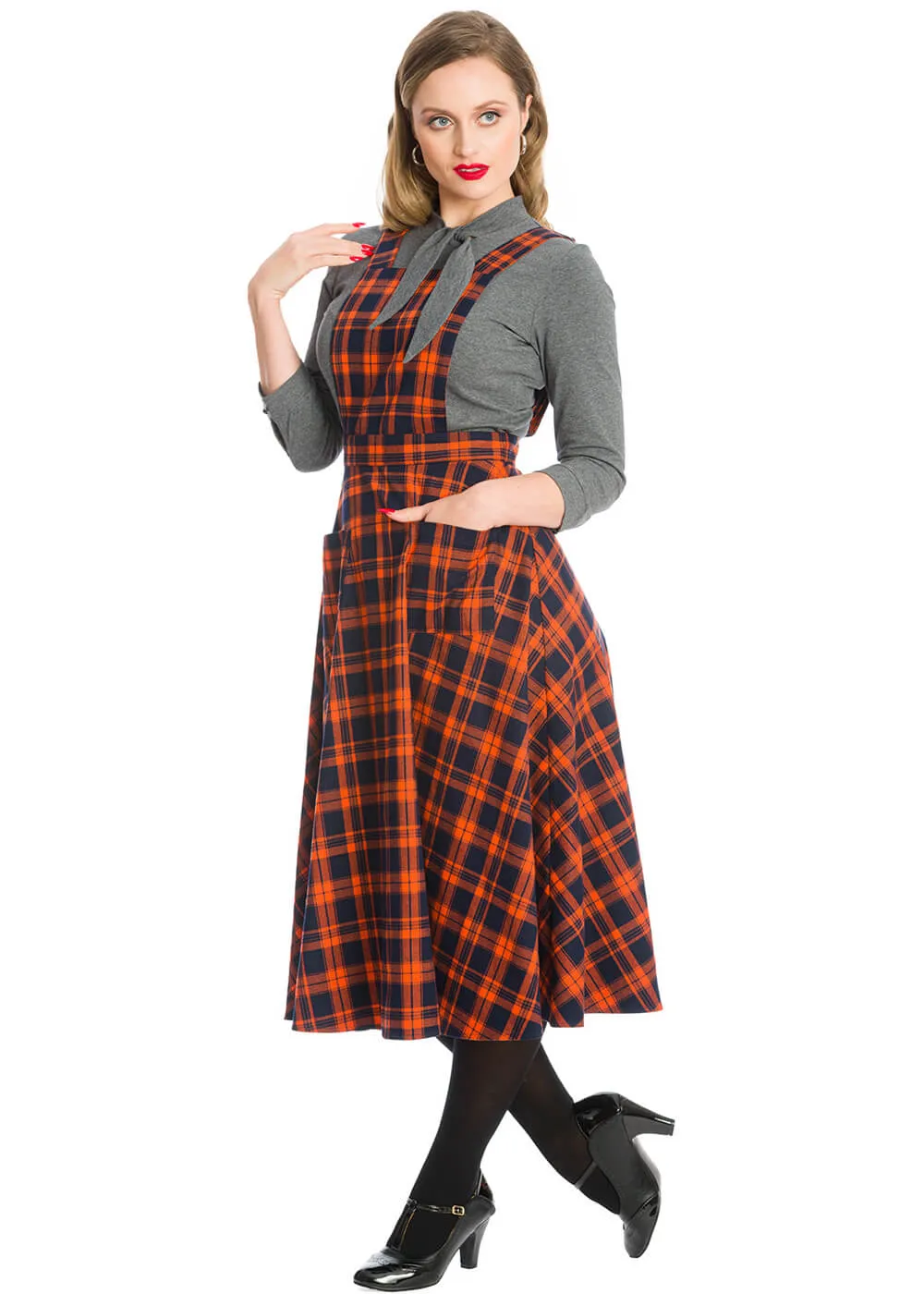 Banned Miss Spook Tartan Pinafore 50's Swing Dress Orange