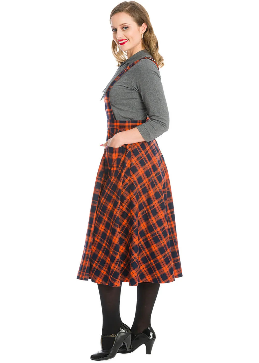 Banned Miss Spook Tartan Pinafore 50's Swing Dress Orange