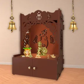 Beautiful Design of Shri Ganesh Floor Temple with Spacious Wooden Shelf & Inbuilt Focus Light- Brown Finish