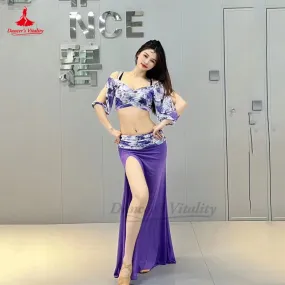 Belly Dance Practice Clothes Suit Mesh Printing Half Sleeves Top long Skirt 2pcs for Women Belly Dancing Training Suit