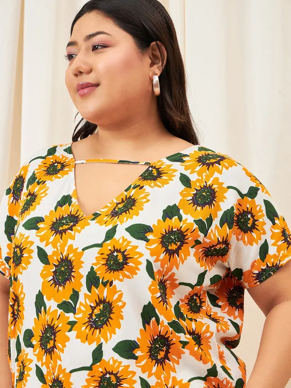 Berrylush Curve Yellow Floral Print V-Neck Short Sleeve Regular Top