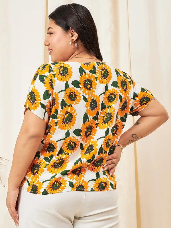 Berrylush Curve Yellow Floral Print V-Neck Short Sleeve Regular Top