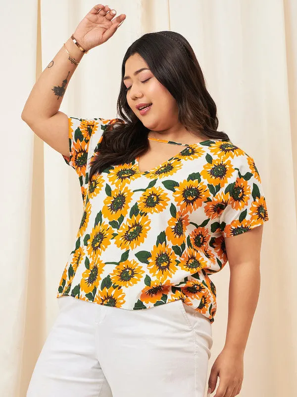 Berrylush Curve Yellow Floral Print V-Neck Short Sleeve Regular Top