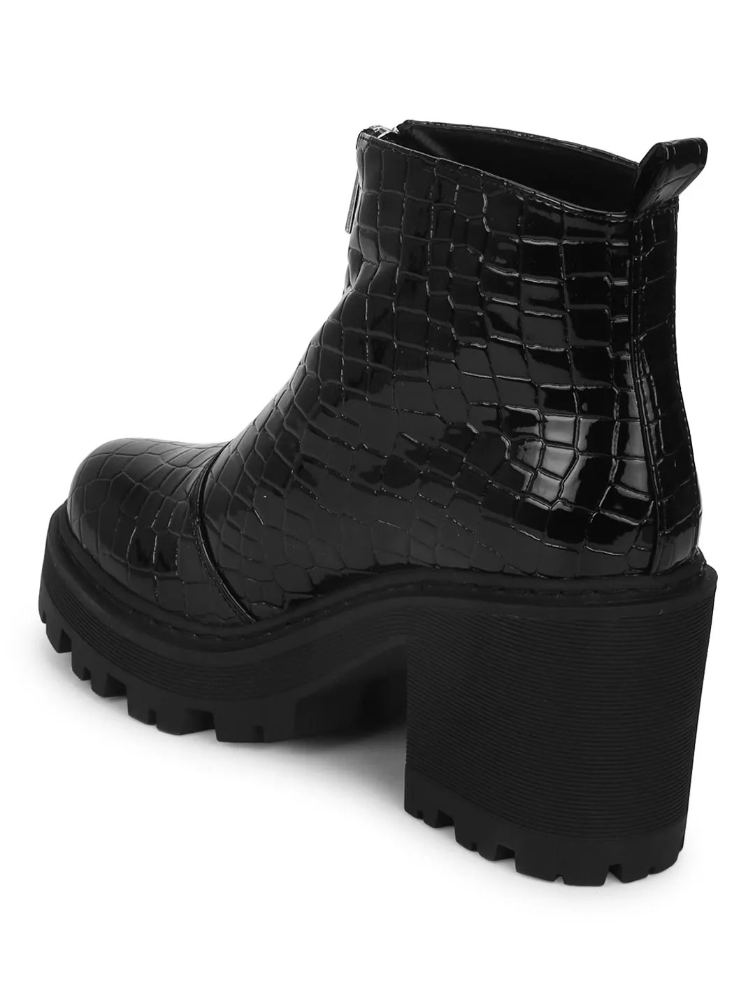 Black Croc Pat Mid Zipper Cleated Platform Block Ankle Boots