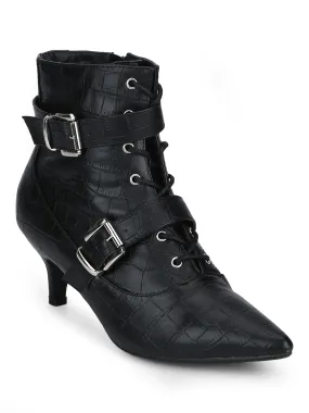 Black Croc PU Double Buckle Lace-up Ankle Boots