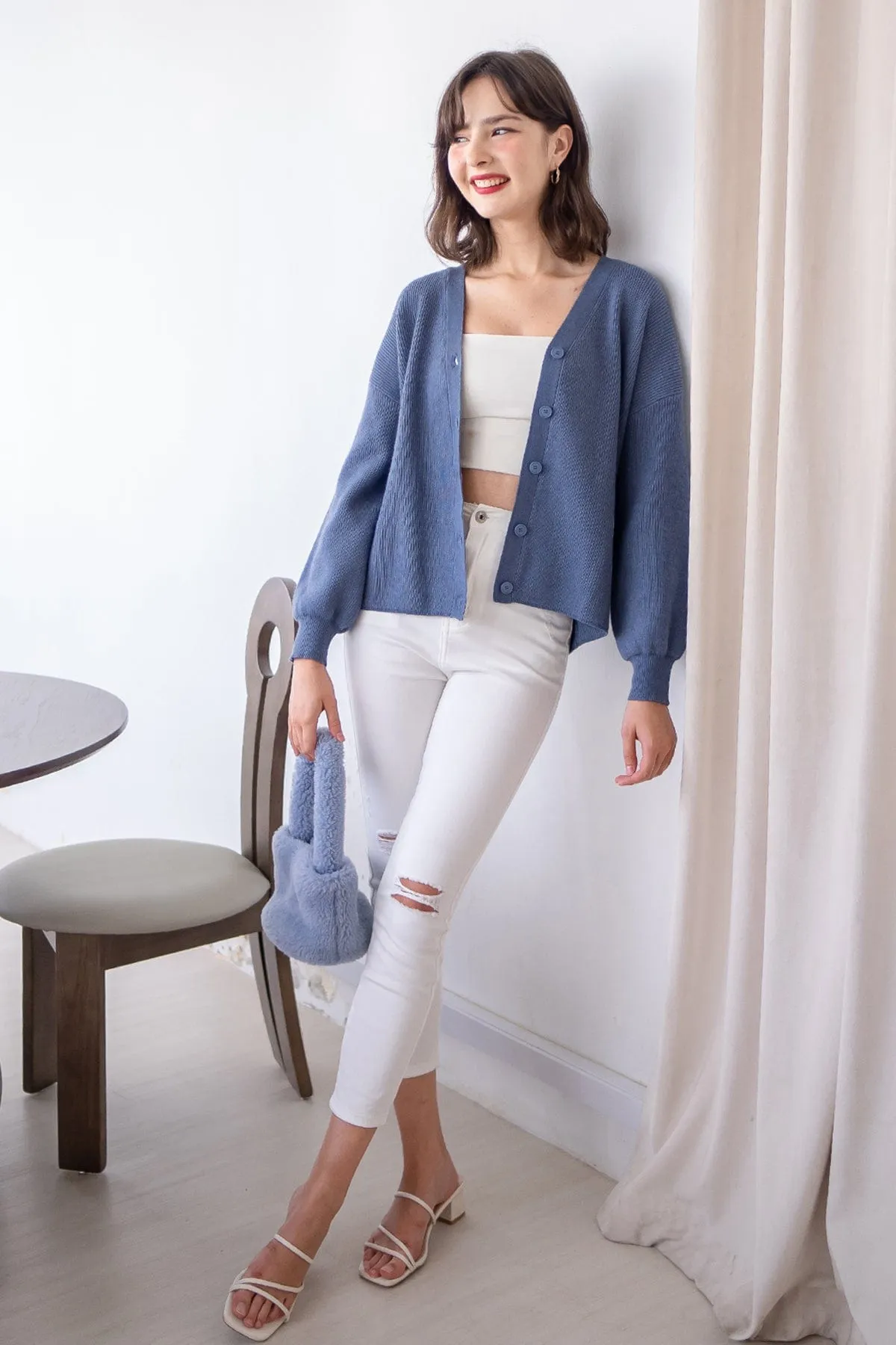 BLISSE KNIT CARDIGAN IN STEEL BLUE