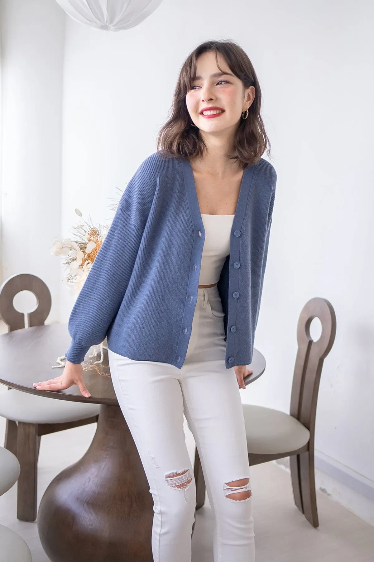 BLISSE KNIT CARDIGAN IN STEEL BLUE