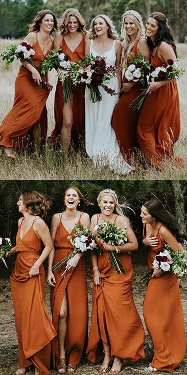 Burnt Orange Spaghetti Straps Open Back Bridesmaid Dresses With Split BD022