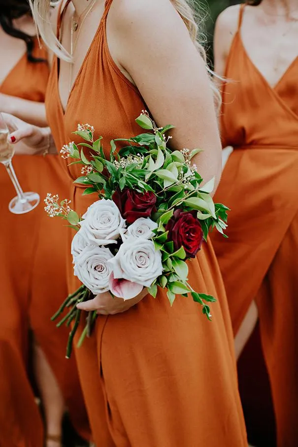 Burnt Orange Spaghetti Straps Open Back Bridesmaid Dresses With Split BD022