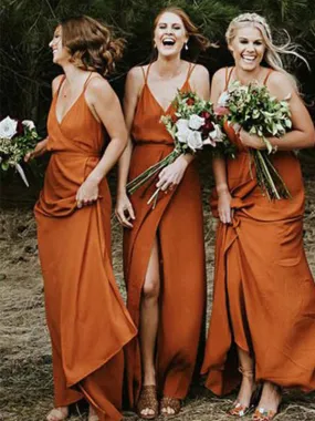 Burnt Orange Spaghetti Straps Open Back Bridesmaid Dresses With Split BD022