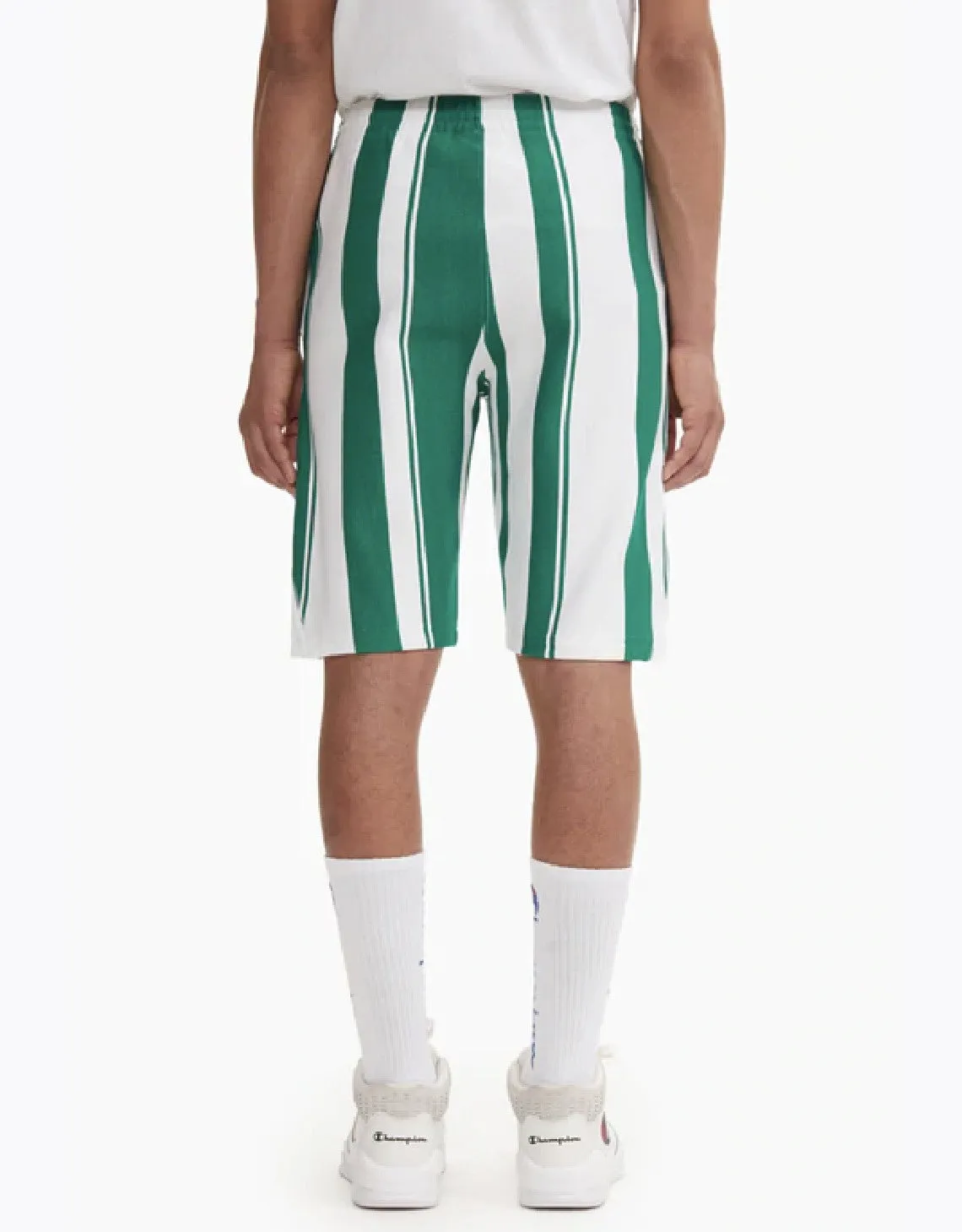 CHAMPION EUROPE<br>GRAPHIC STRIPE REVERSE WEAVE SHORTS WHITE/GREEN STRIPES