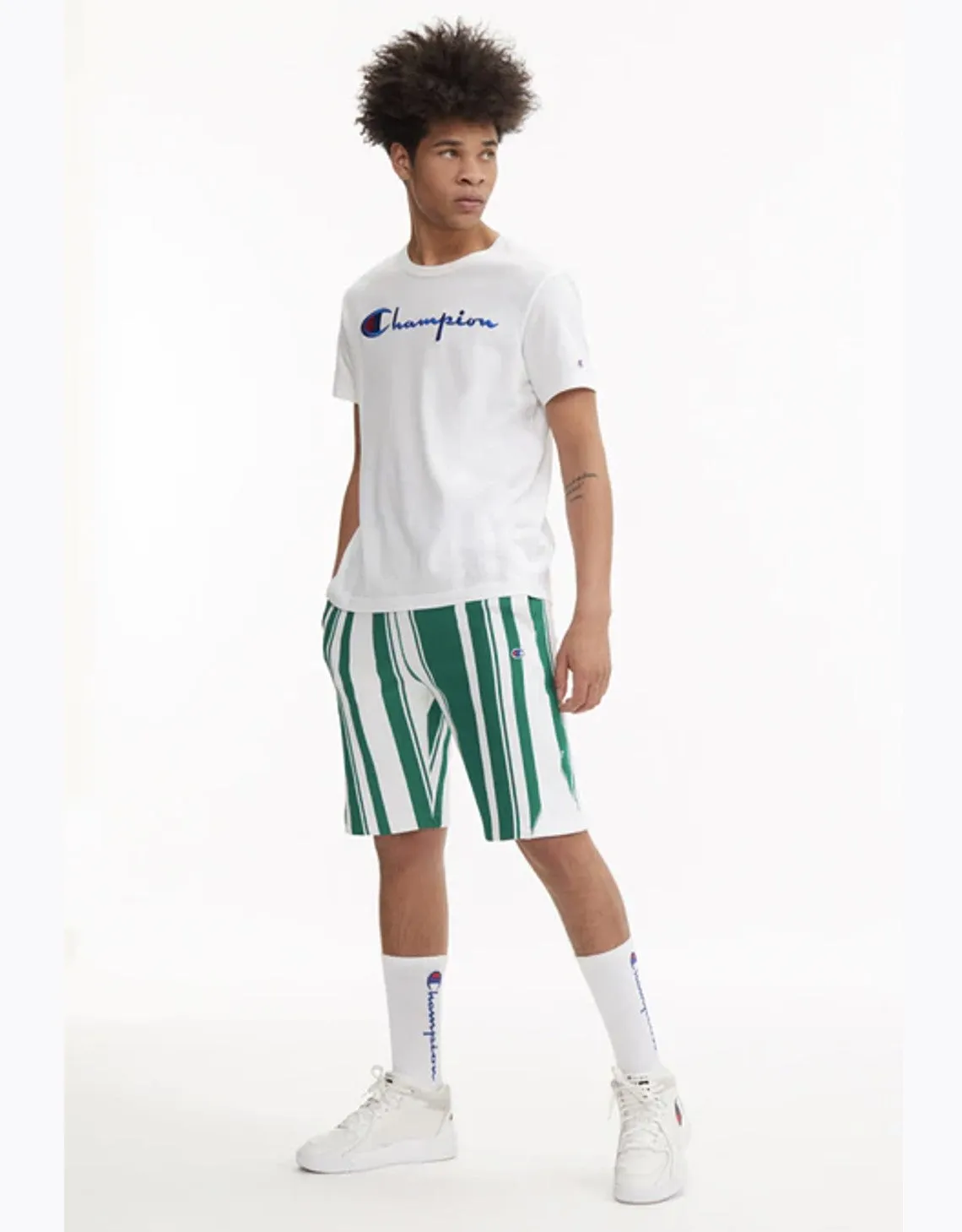 CHAMPION EUROPE<br>GRAPHIC STRIPE REVERSE WEAVE SHORTS WHITE/GREEN STRIPES