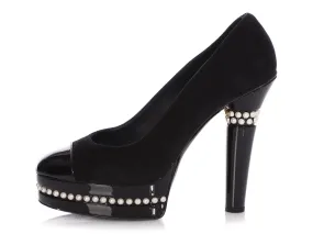 Chanel Black Suede Pearl Trimmed Platform Pumps