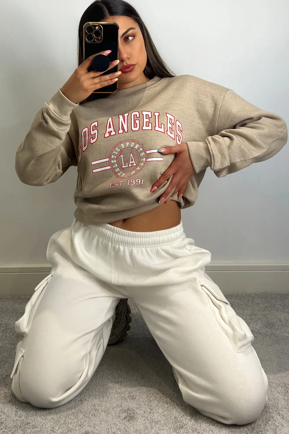 Corie Beige Los Angeles Slogan Printed Oversized Sweatshirt