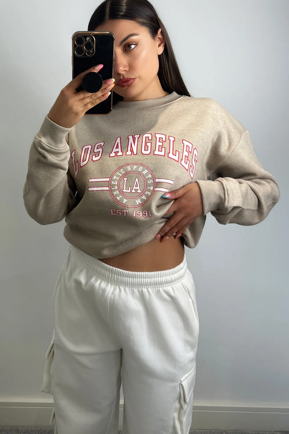 Corie Beige Los Angeles Slogan Printed Oversized Sweatshirt