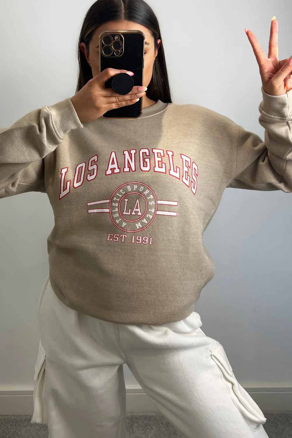 Corie Beige Los Angeles Slogan Printed Oversized Sweatshirt