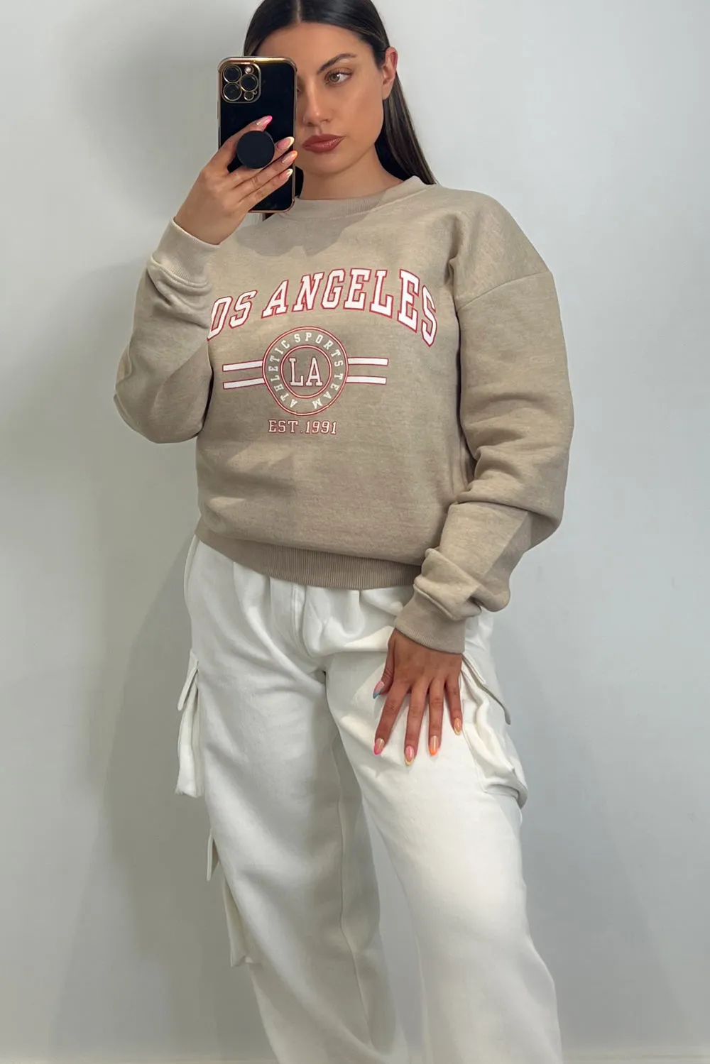 Corie Beige Los Angeles Slogan Printed Oversized Sweatshirt