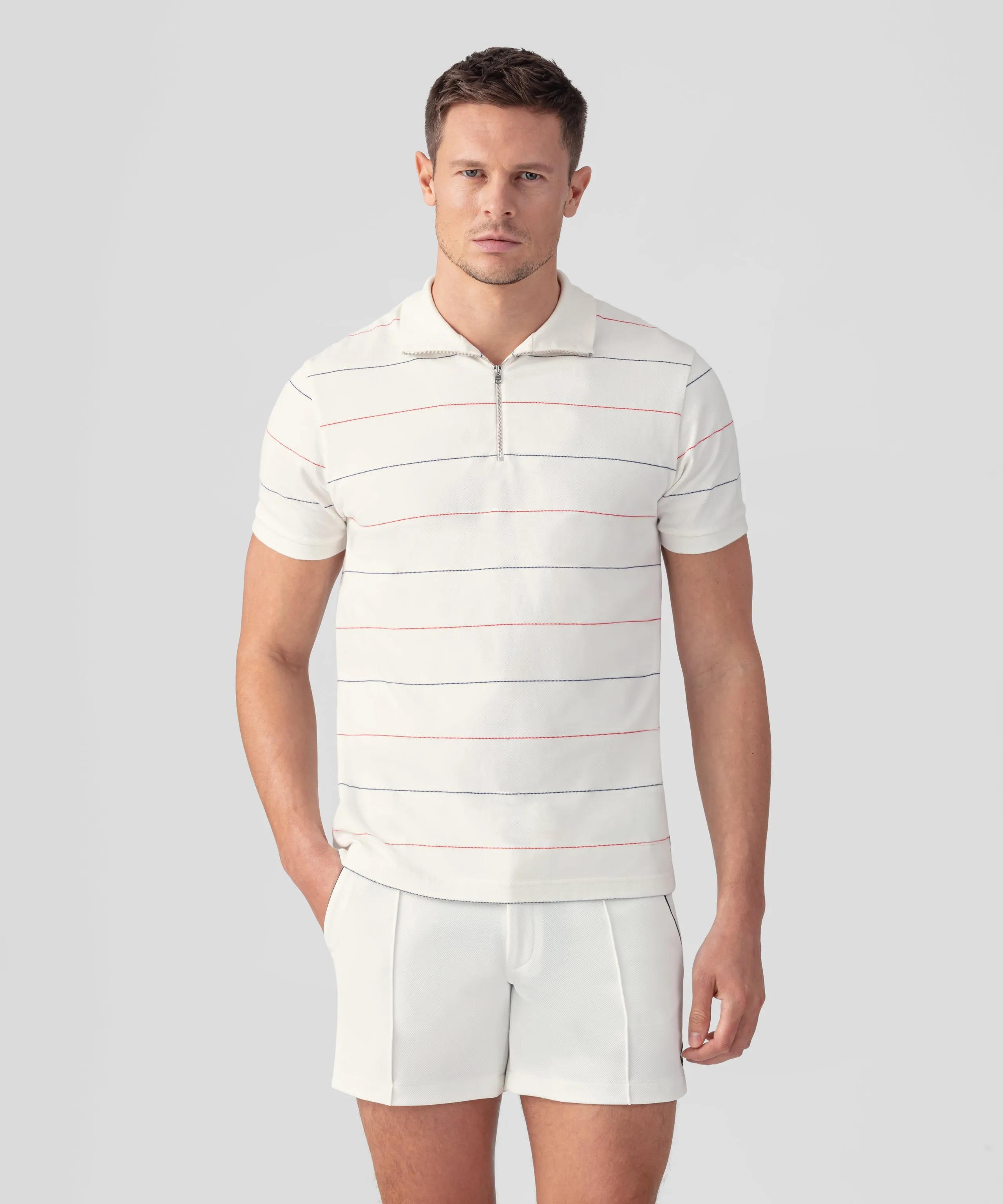 Cotton Piqué RD Polo w. Tennis Stripes: Off White