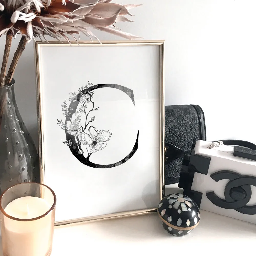 Custom Personalised Floral Watercolour B&W Initial - Art Print