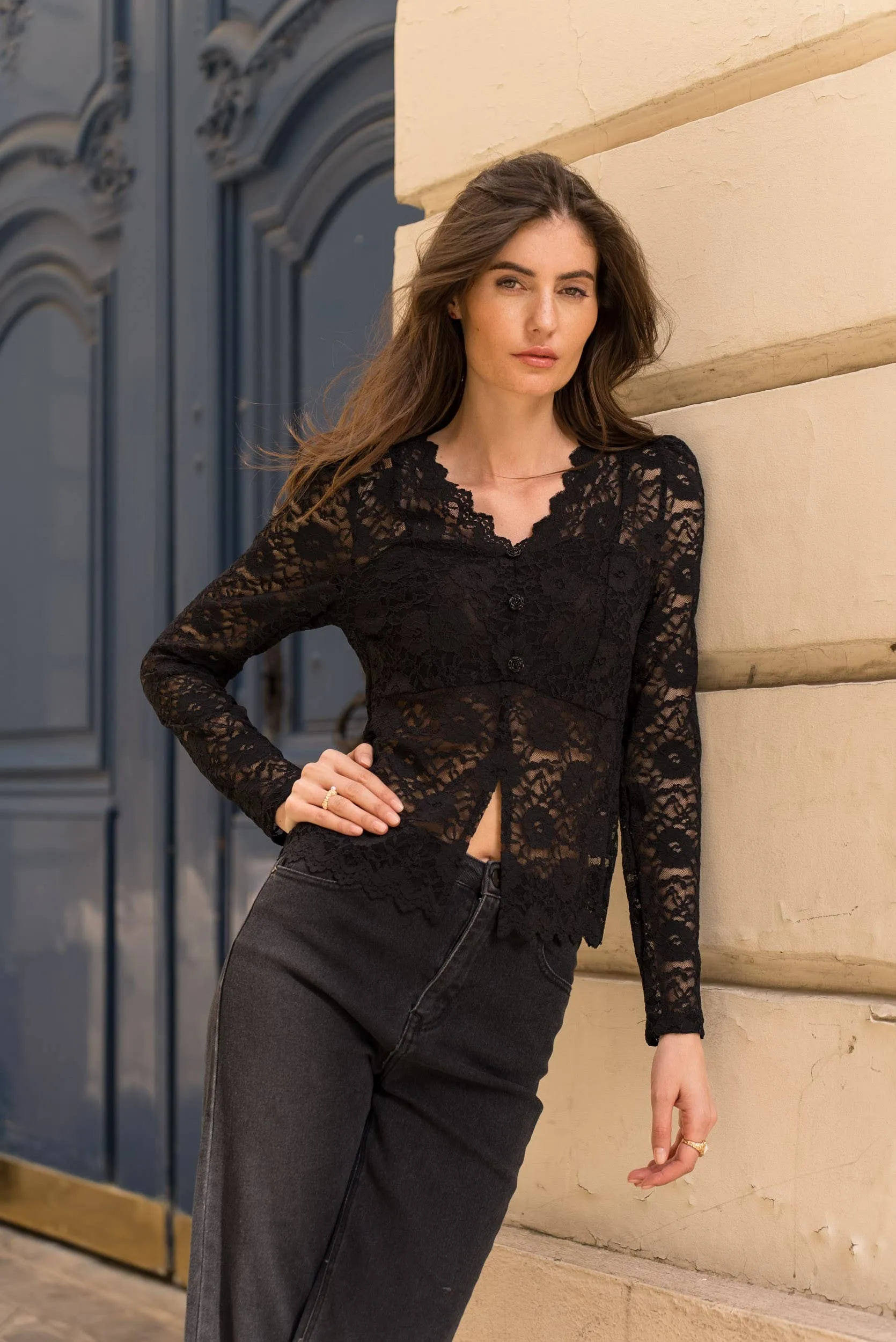 Floral Lace Top with Buttons at Bourbon Cowgirl