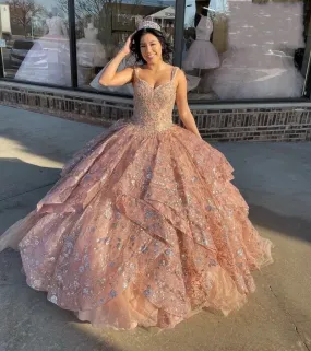 Formal Rose Champagne Quinceanera Dresses Lace Applique Sequin Vestidos De 15 Anos Sweet 16 Ball Gown Prom Dress Lace-up Back