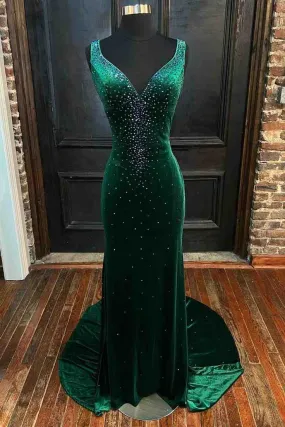 Green V-Neck Velvet Long Mermaid Prom Dress With Beaded SH834