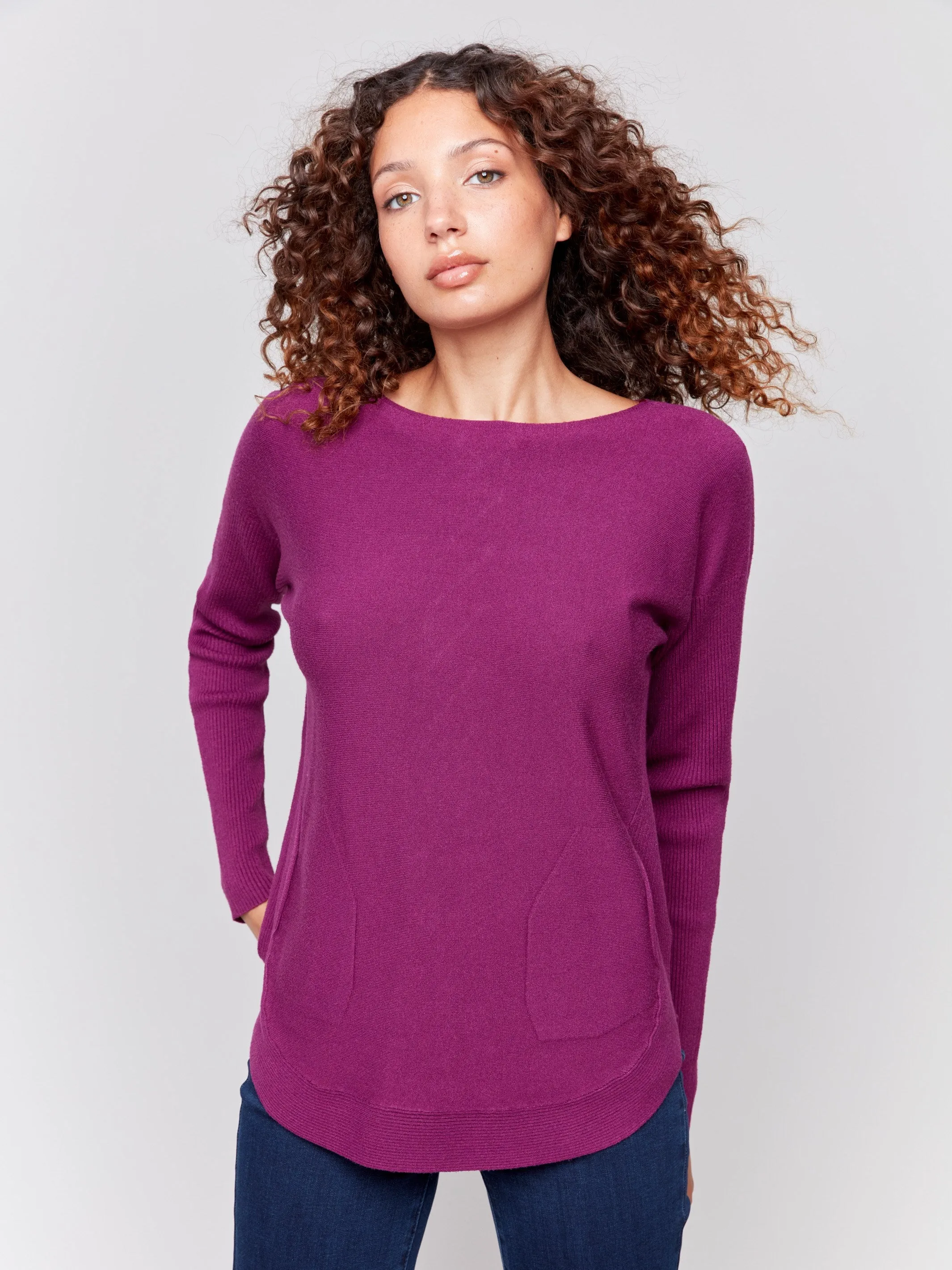 Knit Sweater with Back Detail Lace-Up - Mulberry