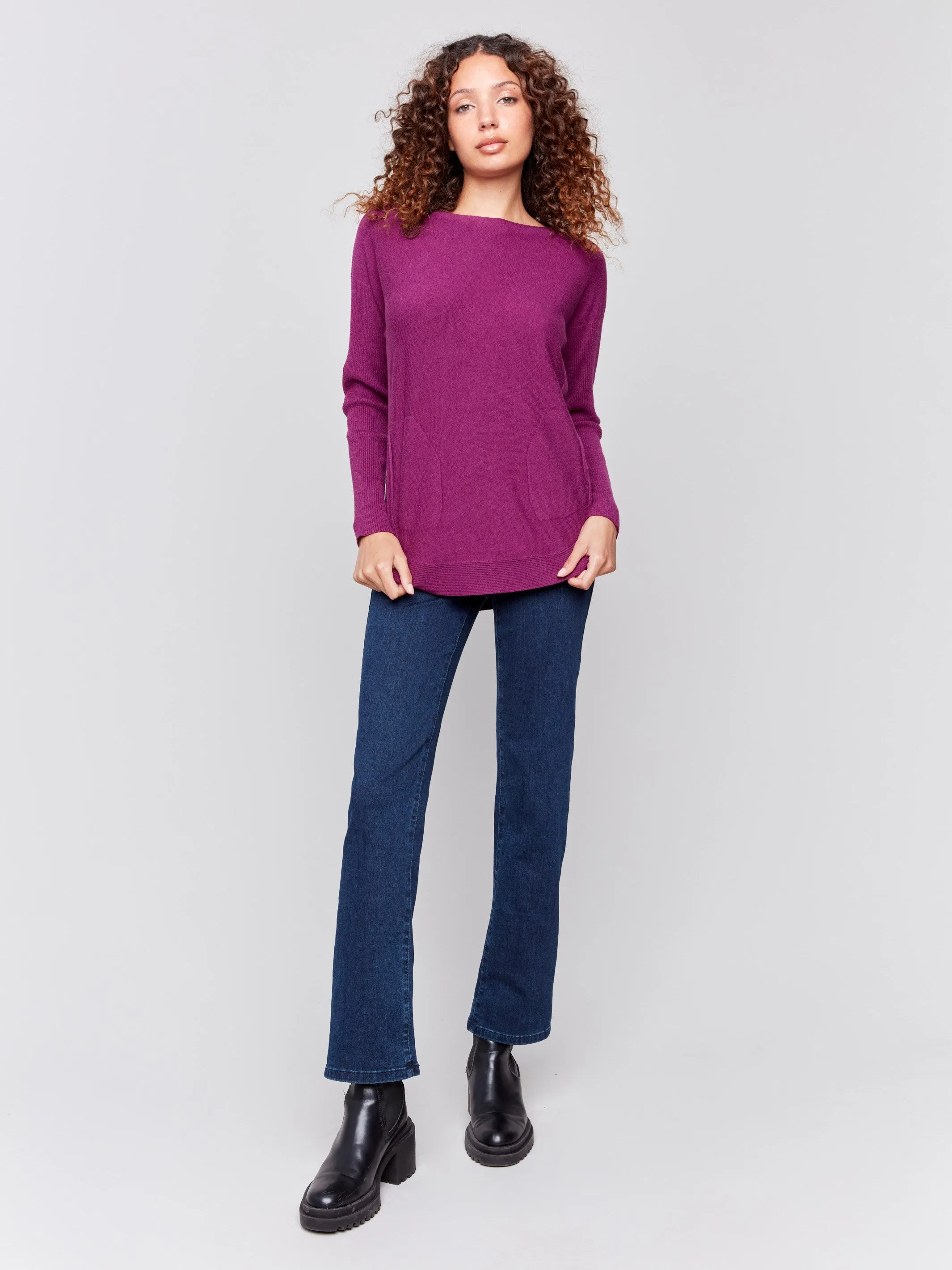 Knit Sweater with Back Detail Lace-Up - Mulberry