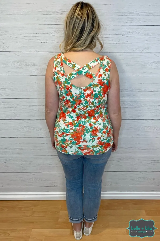 Lucy Criss Cross Back Tank - Orange Watercolour