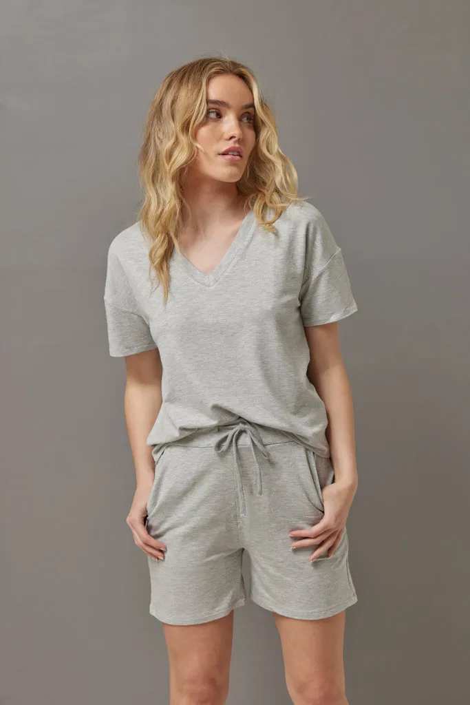 Majestic French Terry Semi Relaxed V Neck in Gris Chine Clair