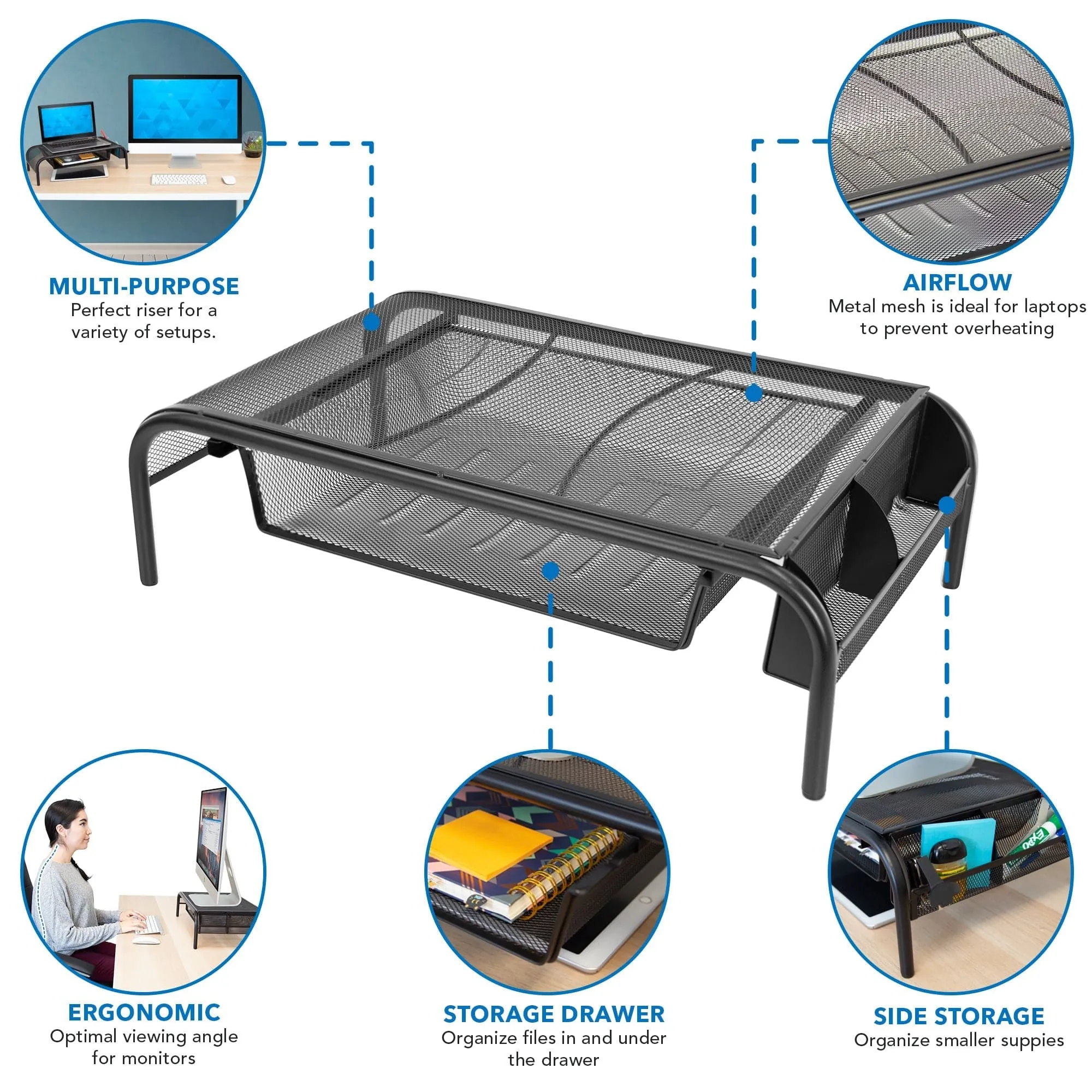 Metal Mesh Computer Monitor Stand and Riser with Pullout Drawer