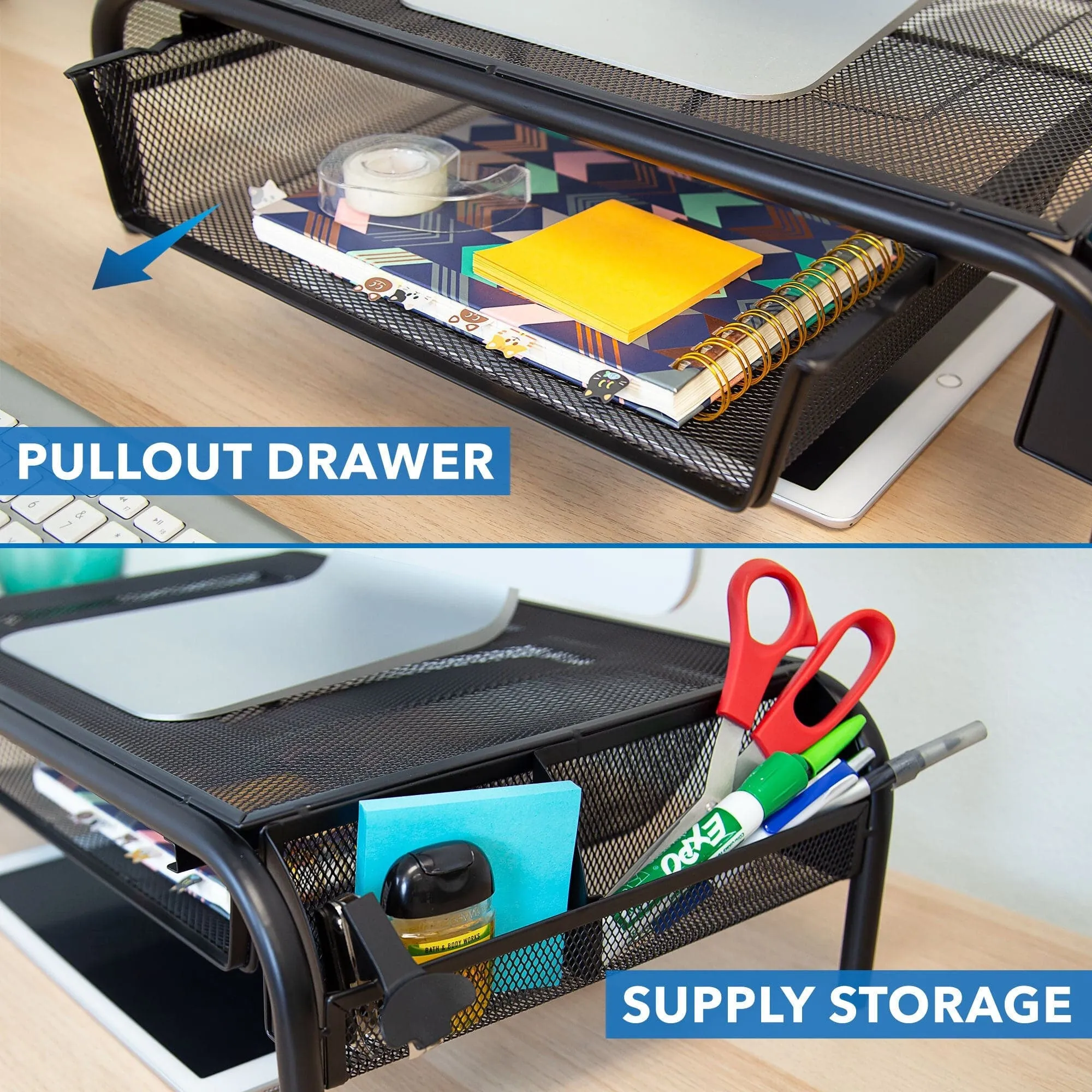 Metal Mesh Computer Monitor Stand and Riser with Pullout Drawer