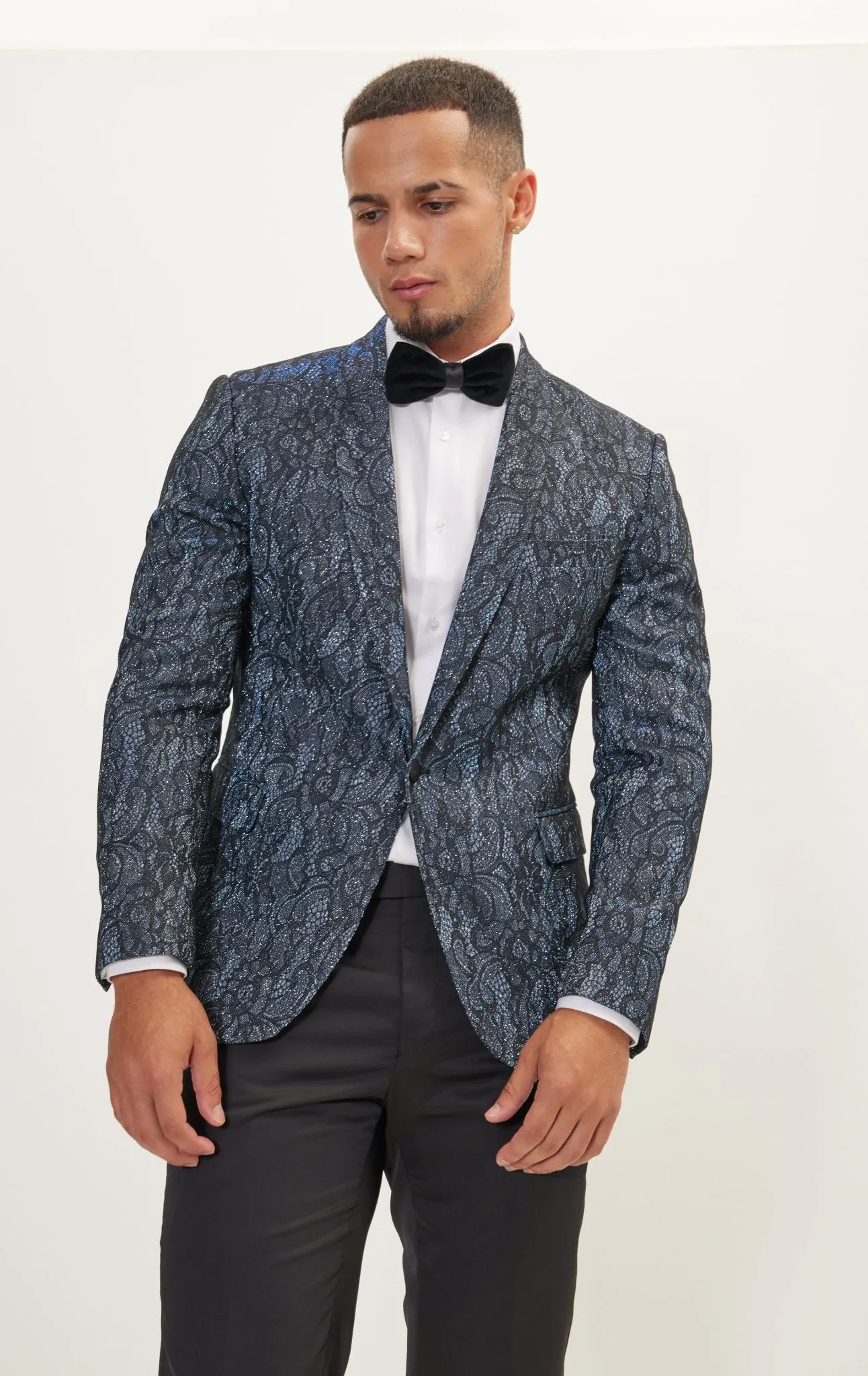 Metallic Lace Paisley Shawl Lapel Tuxedo Jacket -  Turquoise Black